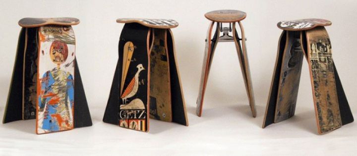 Stools made of recycled skateboards